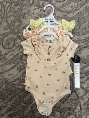 Beige Floral Ruffle Baby One-Piece - 3 Piece Set